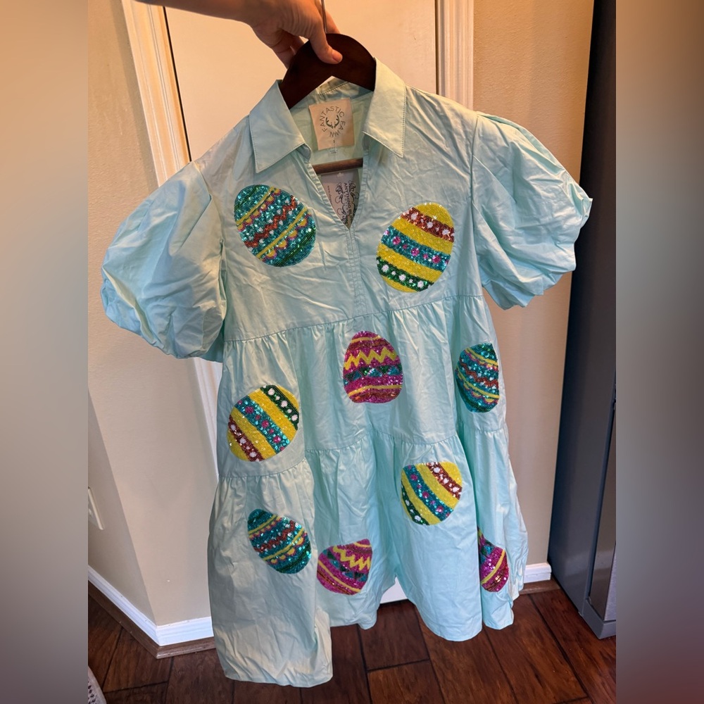 Fantastic Fawn Easter Egg Sequin Mini Dress Pastel Blue Puff Sleeve Tiered S - Picture 3 of 8